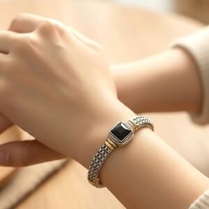 Silver gold two tone hinged bangle bracelet with black stone 🆕